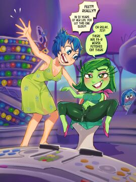 2d 3girls angry annoyed blue_body blue_hair blue_skin dialogue diforland disgust_(inside_out) disney female full_color fully_clothed green_hair green_skin inside_out joy_(inside_out) masturbation masturbation_through_clothing multiple_females multiple_girls no_penetration pixar sadness_(inside_out) short_hair spread_legs spreading squirting_through_clothes text yellow_body yellow_skin