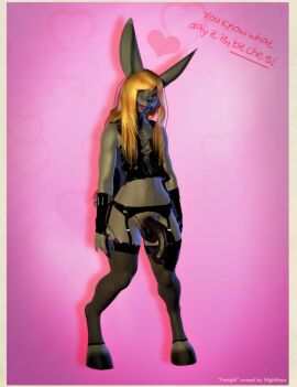 animal_ears black_panties blonde_hair breasts bunny_ears bunny_tail dark_skin female fishnet_legwear fishnets garter_straps gloves heart long_hair makeup navel panties pink_background shoes solo thighhighs underwear