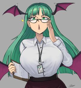 artist_request breasts busty clothing darkstalkers demon eyewear female glasses lanyard large_breasts morrigan_aensland neckwear office_clothing office_lady pale_skin succubus succubus_wings