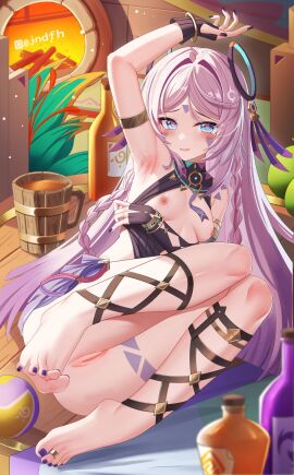 1girls absurdres arm_up armband armpits artist_name bare_shoulders barefoot black_gloves black_nails blush braid breasts breasts_apart censored chinese_commentary citlali_(genshin_impact) commentary electro_symbol_(genshin_impact) facial_mark female fingerless_gloves fingernails forehead_mark full_body genshin_impact geo_symbol_(genshin_impact) gloves highres jewelry jndfh light_frown light_smile long_hair looking_at_viewer mosaic_censoring nail_polish nipples parted_bangs parted_lips pink_hair pink_pupils presenting_armpit purple_nails pussy sitting small_breasts soles solo solo_female stirrup_legwear sweaty_armpits tankard tearing_up toe_ring toeless_legwear toenail_polish toenails toes very_long_hair