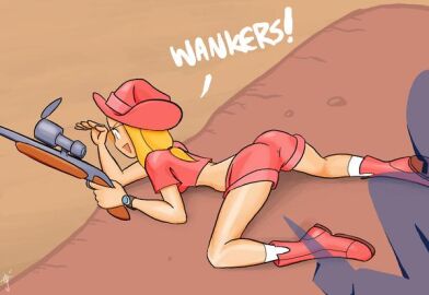 1girls 2d ass english_text female female_only femsniper genderswap genderswap_(mtf) gun hat jopereira nerf_now rifle rule_63 sniper_(team_fortress_2) sniper_rifle solo spy_(team_fortress_2) team_fortress_2 text weapon