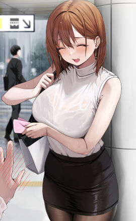 1boy 1girls absurd_res big_breasts black_pantyhose black_skirt blush bra_visible_through_clothes breasts brown_hair closed_eyes closed_eyes_smile earrings female hand_blush hi_res jewelry male mole office_lady ol-chan_(udon) open_mouth original pantyhose rain see-through_clothes shirt skirt sleeveless sleeveless_sweater solo_focus sweater udon_(udonalium) wet wet_clothes wet_shirt