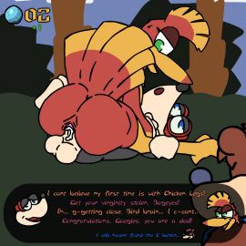 1:1 amazon_position anthro ass avian balls banjo-kazooie banjo_(banjo-kazooie) bear big_ass big_butt bird bodily_fluids bottles_(banjo-kazooie) breegull cheating cum cum_inside defloration dialogue dominant dominant_female egg english_text eulipotyphlan eyewear female feral gameplay_mechanics genital_fluids genitals glasses group impregnation insult insult_of_endearment kakroon kazooie male male/female male_losing_virginity mammal mole_(animal) orgasm_face rareware sassy sex text trio