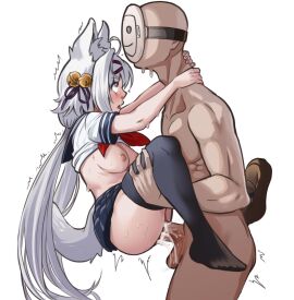 1boy animal_ears bell black_legwear blush breasts clothed_female_nude_male cum cum_in_pussy faceless faceless_male female filian_(vtuber) fox_ears hair_bell hat large_breasts long_hair manly muscle neckerchief nipples nude overflow penis purple_eyes sailor_collar school_uniform serafuku sex skirt straight tail testicles thighhighs trembling upright_straddle vaginal_penetration veins veiny_penis virtual_youtuber white_hair