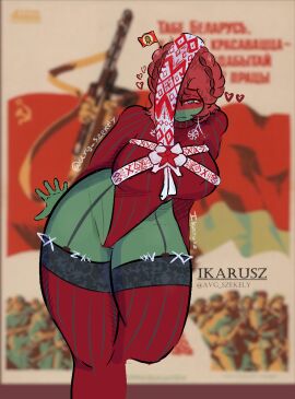 1girls alternate_version_available avg_szekely belarus_(countryhumans) belarusian_flag big_breasts black_sun_symbol blue_eyes blush bodysuit breasts busty busty_female communist countryhumans countryhumans_girl female hammer_and_sickle ikarusz leotard national_personification red_hair slav slavic slavic_girl solo solo_female solo_focus soviet tagme thick_legs thick_thighs thighs