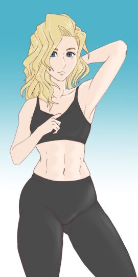 abs annabeth_chase belly belly_button black_sports_bra black_yoga_pants blonde_female blonde_hair blue_background blue_eyes breasts collarbone expressionless female glistening glistening_body glistening_hair gradient_background gummidx hairless_armpits hand_behind_head heroes_of_olympus midriff no_background percy_jackson_and_the_olympians shaded small_breasts tagme thighs tugging_clothing