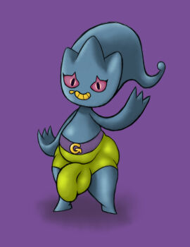 3_fingers banette belly black_body black_eyes bottomwear bulge clothing fingers genitals hi_res jovi_cap male nintendo pants penis pokemon purple_background simple_background solo zipper zipper_mouth