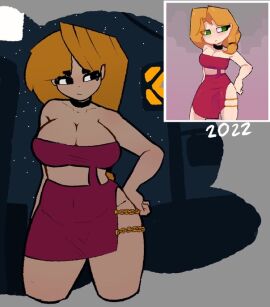 1girls alex_(minecraft) bottomless choker chucknomore cleavage dress female green_eyes hand_on_hip minecraft solo thick_thighs voluptuous