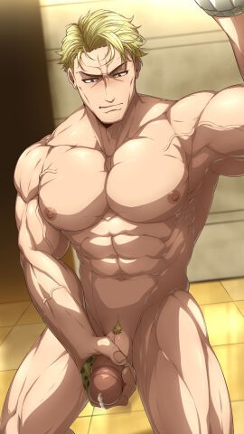 1boy balls bara blonde_hair daddy erection jujutsu_kaisen kento_nanami kuroshinki male male_focus male_nipples male_only masturbation mature_male muscular muscular_male nipples penis precum precum_drip solo_male yaoi