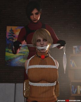 2girls 3d ada_wong ashley_graham ball_gag black_hair blonde_hair bondage cloth_gag clothed_bondage female female_only femdom fully_clothed fully_clothed_female rendereddefenseless resident_evil resident_evil_4_remake