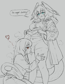 1futa 1girls arknights blue_eyes breasts bulge bulge_lick caffichai clothed clothing cock_bulge drooling duo english_text female futa_on_female futanari ho'olheyak_(arknights) human intersex mostly_clothed panties penis red_eyes standing tail text thighhighs thighs