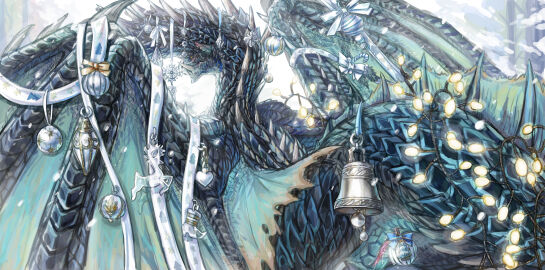 absurd_res alatreon anus black_body buttplug capcom christmas christmas_decorations christmas_ornament claws clitoris dragon elder_dragon european_mythology fangs female female_on_feral feral genitals greatwhite1122 hi_res holidays membrane_(anatomy) membranous_wings monster_hunter mythological_creature mythological_scalie mythology ornament plug_(sex_toy) scales scalie sex_toy slit_play spread_legs spreading tail teeth western_dragon wings