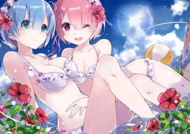 blue_eyes blue_hair female pink_eyes pink_hair ram_(re:zero) re:zero_kara_hajimeru_isekai_seikatsu rem_(re:zero) swimsuit