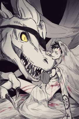 2boys abs allosaurus alternate_form arm_tattoo bed_sheet black_hair chest_tattoo claws demorzel dinosaur earrings facial_hair gay goatee hand_tattoo heart heart_tattoo injury jewelry looking_at_another male male_focus male_only mask multiple_boys multiple_males naked_sheet nipples one_piece open_mouth scratches shoulder_tattoo sitting size_difference smile sweatdrop tattoo teeth toned toned_male trafalgar_law x_drake yaoi yellow_eyes