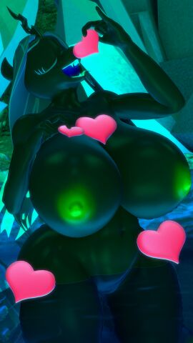 3d big_breasts black_body blue_hair breast_expansion breast_growth breast_growth_(enlargement) breasts changeling_feeding coriponer crystal_cave eating expansion female friendship_is_magic glowing_eyes glowing_mouth glowing_nipples glowing_wings green_areola growth heart huge_breasts hyper_breasts my_little_pony pussy queen_chrysalis_(mlp) solo vulva wide_hips