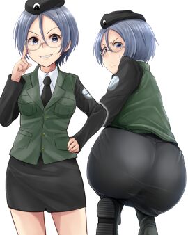 1girls ass beret big_ass big_breasts black_footwear black_headwear black_jacket black_necktie black_skirt boots breasts busty dress_shirt embarrassed fat_ass female girls_und_panzer glasses grey_eyes grey_hair hand_on_hip hat highres huge_ass jacket kitayama_miuki large_breasts long_sleeves miniskirt necktie pencil_skirt pose posing rimless_eyewear round_eyewear rumi_(girls_und_panzer) selection_university_military_uniform sensual shirt short_hair skirt smile white_shirt