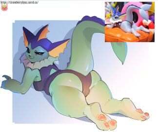 2024 ass black_eyes black_swimsuit blue_background blue_body blue_skin breasts cameltoe eeveelution feet female female_focus female_only furry looking_at_viewer looking_back nintendo one-piece_swimsuit pokemon pokemon_(species) pussy strawberry_lynx swimsuit thick_thighs thighs vaporeon white_background