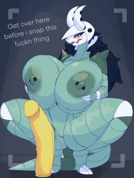 1girls 2024 2_horns aggron anthro anthro_only areola belly big_breasts big_dildo big_tail blush blush_lines bodily_fluids breasts camera_view claws crouching dialogue digital_media_(artwork) dildo dullyarts eyelashes female finger_claws generation_3_pokemon genital_fluids genitals green_areola green_body green_breasts green_nipples hand_on_breast hi_res holding_breast horn huge_breasts long_tail looking_at_viewer nintendo nipple_piercing nipples open_mouth orange_sclera piercing pokemon pokemon_(species) pokémon_(species) presenting pupils pussy sex_toy solo tail text toe_claws vaginal_fluids white_eyes white_text yellow_dildo yorda_(alphaandrenew)