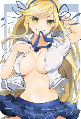 1girls blonde_female blonde_hair breasts cleavage female female_only grin happy katsuragi_(senran_kagura) long_hair mzknk0 senran_kagura skirt smile solo technically_clothed