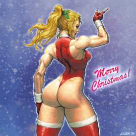 1girls 2d ass assertive_female biceps blonde_hair blue_eyes breasts christmas clothed covered_nipples female fingerless_gloves from_behind fur-trimmed_legwear gloves jiggeh leotard long_hair medium_breasts merry_christmas muscular muscular_female ponytail red_gloves red_leotard red_nails red_thighhighs sarah_bryant skin_tight snow snowing solo standing thick_thighs thong_leotard variant_set virtua_fighter