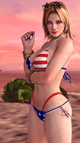 3d american_flag american_flag_bikini bikini blonde_hair blue_eyes breasts busty cybersdoacorner dead_or_alive female female_focus female_only hourglass_figure long_hair makeup tagme tina_armstrong wide_hips