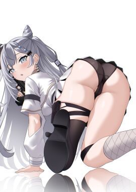 1girls ass ass_focus bent_over cat_girl catgirl female grey_eyes gun hololive hololive_indonesia hololive_indonesia_holoh3ro panties raikkonen skirt solo thighs vestia_zeta virtual_youtuber weapon white_hair