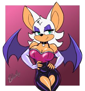 2025 anthro armwear ass bat big_breasts breasts chisheq choker cleavage clothed clothing digital_media_(artwork) elbow_gloves eyelashes eyeshadow female fingerless_gloves fur gloves green_eyes handwear hi_res jamoart jewelry looking_at_viewer makeup mammal membrane_(anatomy) membranous_wings necklace pendant purple_eyeshadow rouge_the_bat sega simple_background solo sonic_(series) sonic_the_hedgehog_(series) thick_thighs wings