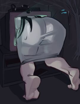 1girls 2d 2d_(artwork) 2d_artwork ass big_ass big_butt black_hair fat_ass female female_only grey_body grey_eyes large_ass moxydrawsmore open_mouth solo solo_female solo_focus stuck television the_ring thick_ass thick_thighs thighs tv wide_hips yamamura_sadako