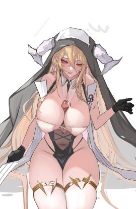 absurdres azur_lane bare_shoulders black_gloves blonde_hair breasts chinese_commentary cleavage covered_navel covered_nipples cum cum_in_mouth disembodied_penis fake_horns female gloves hair_between_eyes highres horns implacable_(azur_lane) large_breasts long_hair male paizuri panty_straps pelvic_curtain penis red_eyes revealing_clothes simple_background sitting solo thighhighs two-tone_dress variant_set veil very_long_hair white_background white_horns white_thighhighs yaoshan_shi