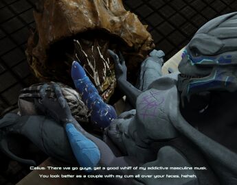 3d_(artwork) alien ambiguous_gender bodily_fluids celius_acillion cheap-wazoo cum cum_on_face cum_on_penis dialogue english_text gay genital_fluids genitals group hi_res high-angle_view knot krogan licking male male/male male_only mass_effect open_mouth oral penile penis penis_lick sex sitting text tongue tongue_out trio turian
