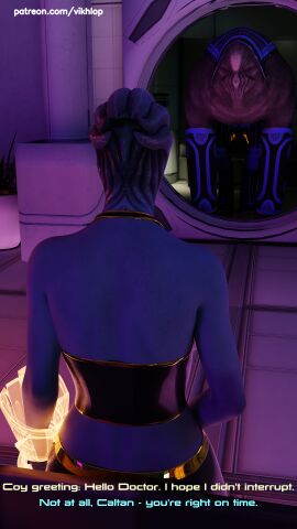 3d alien alien_genitalia alien_girl asari comic comic_page elcor english english_text female huge_cock latex_clothing liara_t'soni male mass_effect penis vikhlop