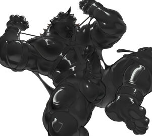 absurd_res anthro arms_bent bent_legs black_body black_latex bondage bovid bovine cattle chaiyi clothing collar cuff_(restraint) drone dronification erection facial_piercing foreskin genitals goo_transformation hand_over_head harness hi_res horn humanoid_genitalia humanoid_penis latex latex_clothing latex_skinsuit leather leather_collar leather_cuffs leather_harness lying male mammal multicolored_body on_back one_leg_up penis piercing pubes raised_leg restraints retracted_foreskin simple_background skinsuit solo tight_clothing transformation two-tone_body uncircumcised white_background white_body