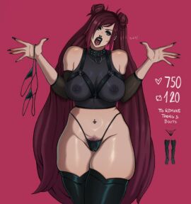 breasts covered_nipples curvy double_bun female g-string highleg jewelry large_breasts league_of_legends long_hair makeup nail_polish navel nipples panties pentakill_series pentakill_sona pubic_hair see-through solo sona_buvelle tagme thick_thighs thighhighs underwear very_long_hair