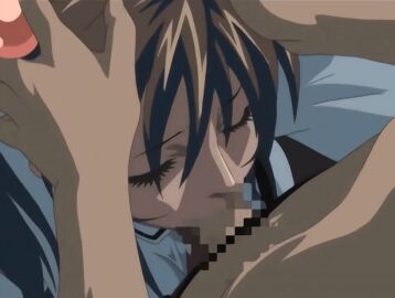 00s 1boy 2006 animated bible_black bible_black_only breasts brown_hair censored closed_eyes fellatio female forced_fellatio hair_ornament imari_kurumi large_breasts lowres male oral penis ponytail school_uniform side_ponytail solo_focus straight tagme