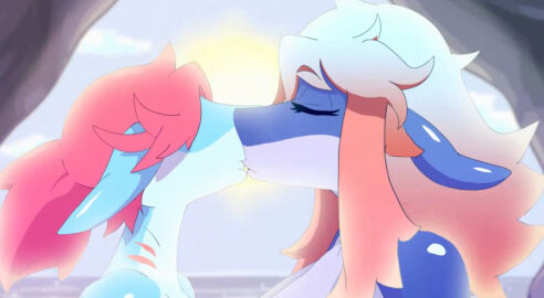 beach beach_background blonde_hair blue_skin cave female highres innocentanimation kissing orange_hair red_hair shark shark_girl sun