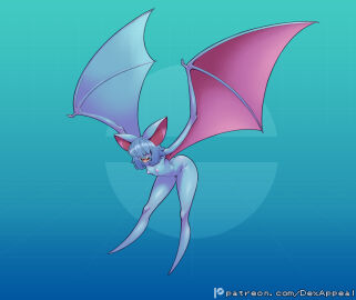 areolae bat bat_girl batwings bending_over blue_body blue_hair breasts dex_appeal eyes_hidden female flying generation_1_pokemon leaning_forward nintendo nipples open_mouth petite petite_body pokemon pokemon_(species) pokemorph small_breasts solo_female zubat