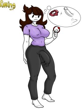 1futa 2d band_of_regeneration big_breasts black_eyes breasts brown_hair bulge bulge_down_leg cock_ring commission erection futa_only futanari grey_pants huge_cock intersex jaiden jaiden_animations jaiden_dittfach jaidenanimations magic magic_item pants penis purple_shirt purringnsfw sex_toy solo solo_futa tagme terraria white_body youtube youtuber