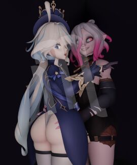 2girls 3d ass ass_grab blender blue_eyes briar_(league_of_legends) butt_grab crossover female furina_(genshin_impact) genshin_impact hand_on_ass hand_on_butt hat hoyoverse league_of_legends mihoyo purple_background purple_skin riot_games shocked shocked_expression simple_background sleeves smug smug_expression smug_face the_michael watermark weird_crossover white_hair yuri