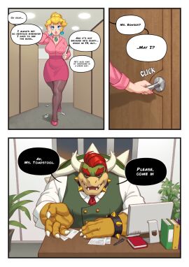 1boy 1girls 2024 alternate_costume anthro big_breasts blonde_hair blue_eyes bowser breasts busty cleavage clothed clothed_female clothing comic comic_page curvaceous dialogue duo earrings english_text female footwear front_view full_body fully_clothed hair hair_bun hi_res high_heels himbo human large_breasts legs_together light-skinned_female light_skin lipstick long_hair male mario_(series) necklace nintendo office office_clothing office_lady pantyhose pink_clothing pink_lipstick princess_peach rizdraws scalie shoes skirt smile smiling speech_bubble standing talking text thighs walking