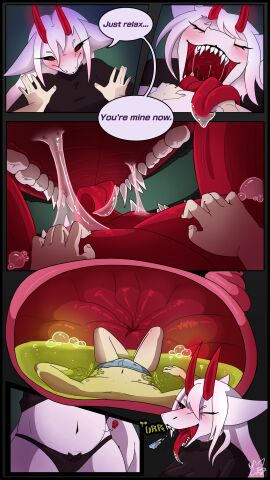 4k 9:16 absurd_res alien anthro anthro_pred bedroom_eyes blush bodily_fluids burping clothed clothing comic dialogue digestion enna_(flophelia) extreme_size_difference female female_pred first_person_view flophelia flustered glowing glowing_horn hi_res horn human human_prey inside_mouth internal long_tongue looking_pleasured male male/female male_pov male_prey mammal mouth_shot narrowed_eyes open_mouth organs panties predator/prey prey_pov reverse_mouth_shot saliva saliva_bubble saliva_string seductive size_difference stomach stomach_acid sweater teeth thesium thin_tongue tongue topwear underwear unwilling_prey vore