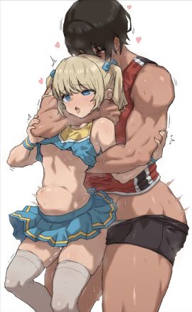 1futa 1girls bangs big_penis blonde_hair blue_eyes breasts brown_hair clothed clothing dark-skinned_futa dark_skin duo female futa_on_female futa_with_female futanari gym_uniform height_difference highres human implied_futa intersex kei_(m_k) large_breasts light-skinned_female light_skin m_k mostly_clothed multiple_females multiple_girls original penis red_eyes rika_(m_k) sex short_hair simple_background size_difference standing stomach_bulge sweat tall tall_female tan tomboy twintails