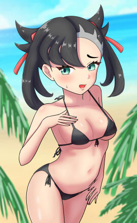 1girls beach bikini black_bikini black_hair breasts dark_hair embarrassed female goth goth_girl green_eyes light-skinned_female light_skin maho_(corotonton5150) marnie_(pokemon) medium_breasts medium_hair pale_skin pokemon pokemon_(game) pokemon_ss solo straight_hair swimsuit twintails
