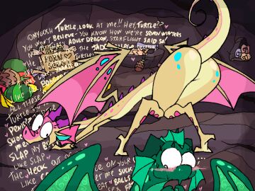 animated ass blush bodily_fluids dialogue duo female feral food frill_(anatomy) fruit green_body horn kinkajou_(wof) male plant roksim scroll shaking shaking_ass shaking_butt slightly_chubby sweat tail turtle_(wof) wide_hips wings wings_of_fire yellow_body