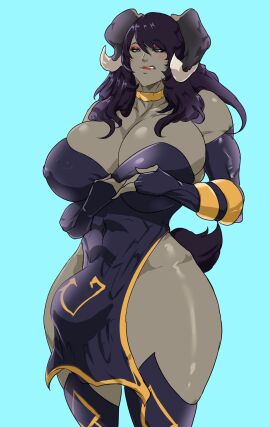 anthro black_hair blue_eyes breasts bulge furry futa_only futanari gold_armband gold_necklace grey_fur horns intersex large_breasts original original_character ram red_eyeshadow red_lipstick short_tail solace_(elementalspec_8) tenchizone