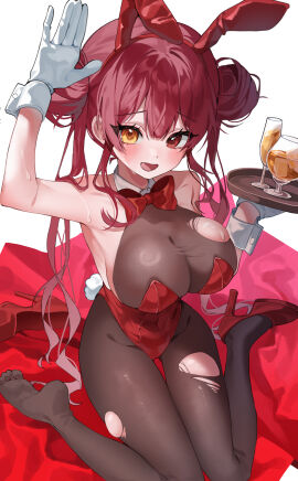 :d absurdres animal_ears big_breasts black_pantyhose blush breasts cup cute_fang double_bun drinking_glass fake_animal_ears fake_tail female gloves hair_bun hairband heterochromia high_heels highres holding holding_tray hololive hololive_fantasy hololive_japan houshou_marine large_breasts leotard newda_al open_mouth pantyhose playboy_bunny rabbit_ears rabbit_tail red_eyes red_hair red_hairband red_leotard shoes simple_background single_shoe smile solo sweatdrop tail torn_clothes torn_pantyhose tray unworn_shoes virtual_youtuber white_background white_gloves wrist_cuffs yellow_eyes