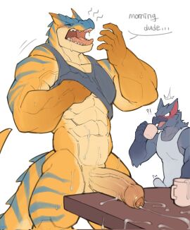 abs anthro balls bara biceps big_penis black_body black_fur blue_stripes bodily_fluids capcom claws clothing disiwjd dragon duo erection erection_under_clothing european_mythology flying_wyvern fur gay gay_male genital_fluids genitals grey_body grey_fur hi_res humanoid_genitalia humanoid_penis male male_focus male_only markings monster_hunter muscular muscular_anthro muscular_male mythological_creature mythological_scalie mythology nargacuga penis scales scalie simple_background solo striped_body striped_markings stripes tail tan_body tan_scales teeth tigrex vein veiny_penis western_dragon wings wyvern yaoi yellow_body yellow_scales