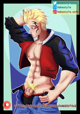 1boy abs belt belt_unbuckled blonde_hair blue_eyes blush bulge bulge_through_clothing final_fantasy final_fantasy_viii hakestyle jacket looking_at_penis looking_down male male_only navel nipples one_arm_up pants_down patreon_url pecs penis pubic_hair solo tattoo tattoo_on_face veiny_penis watermark whistling zell_dincht