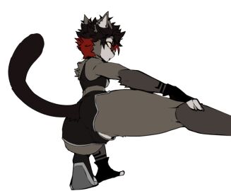 2024 anthro arm_tattoo arm_tuft ass back_tuft big_ass big_butt biped black_hair bottomwear breasts cheek_tuft clothing countershade_crotch countershade_face countershading crouching domestic_cat elbow_tuft facial_tuft felid feline felis female fingerless_gloves gloves hair hand_on_ground hand_on_knee hand_on_leg handwear hotpants ki0nyxie long_tail low-angle_view mammal multicolored_hair pussy pussy_slip rear_view red_hair short_hair shorts simple_background small_breasts small_waist solo tail tattoo thick_thighs tuft two-tone_hair wrist_tattoo yellow_sclera