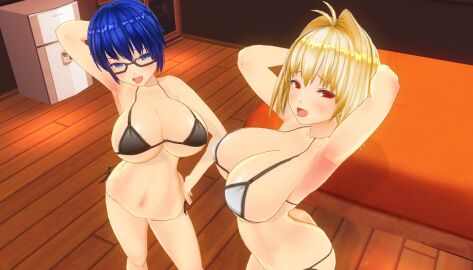 2girls 3d 3d_model ahoge alternate_breast_size alternate_version_available arched_back arcueid_brunestud armpits arms_behind_back bedroom_eyes big_breasts bikini bikini_bottom bikini_top blonde_hair blue_hair bra breasts breasts_bigger_than_head ciel_(tsukihime) curvy custom_maid_3d_2 female female_pervert glasses hands_behind_head hips horny horny_female huge_boobs huge_breasts human inviting inviting_to_sex large_boobs large_breasts melty_blood panties posing red_eyes seducing seducing_viewer sequence short_hair skimpy_bikini swimsuit top_heavy tsukihime type-moon vampire vampire_girl wide wide_hips