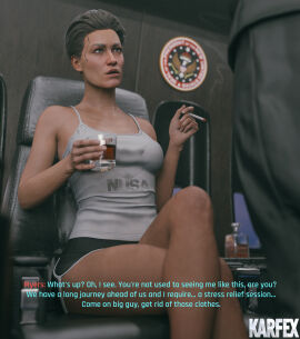 1boy 1girls 3d alcohol cd_projekt_red cigarette cyberpunk_2077 dolphin_shorts female fingernails karfex light-skinned_female light_skin male older_female pale-skinned_female pale_skin rosalind_myers sitting_down smoking tanktop